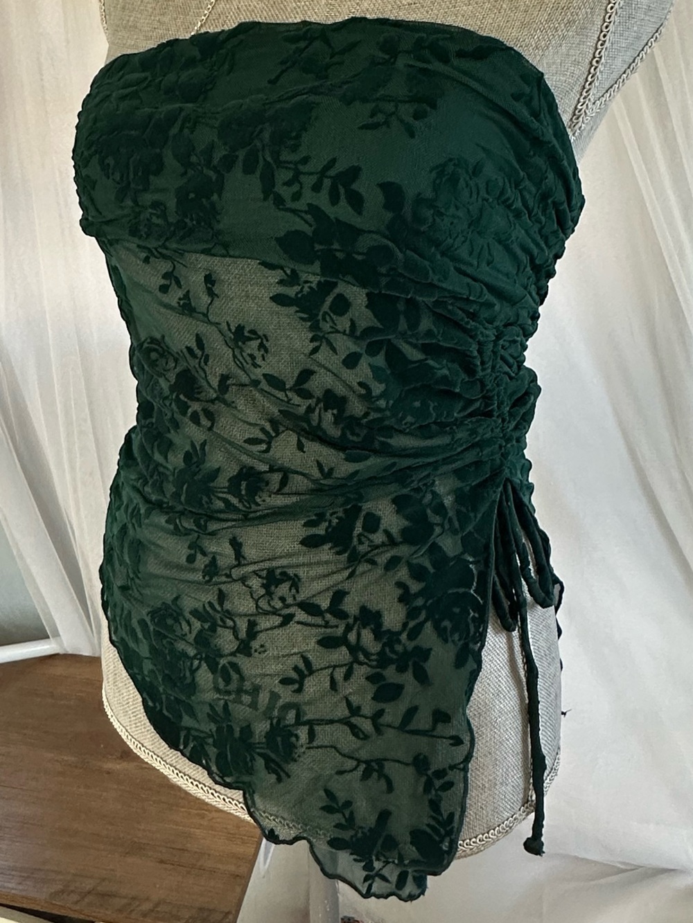 Strapless Dark Green Floral Mesh Ruched Dress